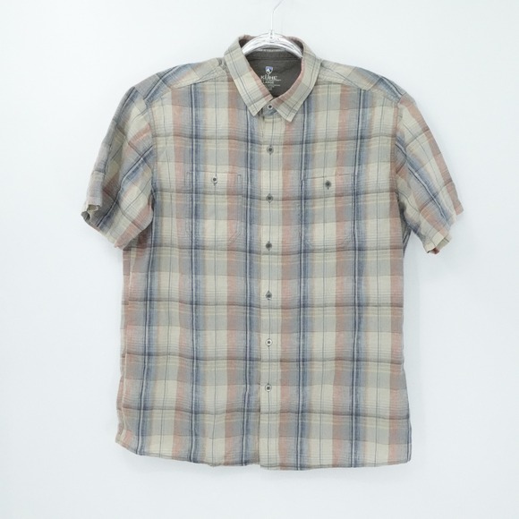 KÜHL Other - Kuhl Shirt Mens Large Beige Blue Plaid Short Sleeve‎ Linen Blend Outdoors Gorp